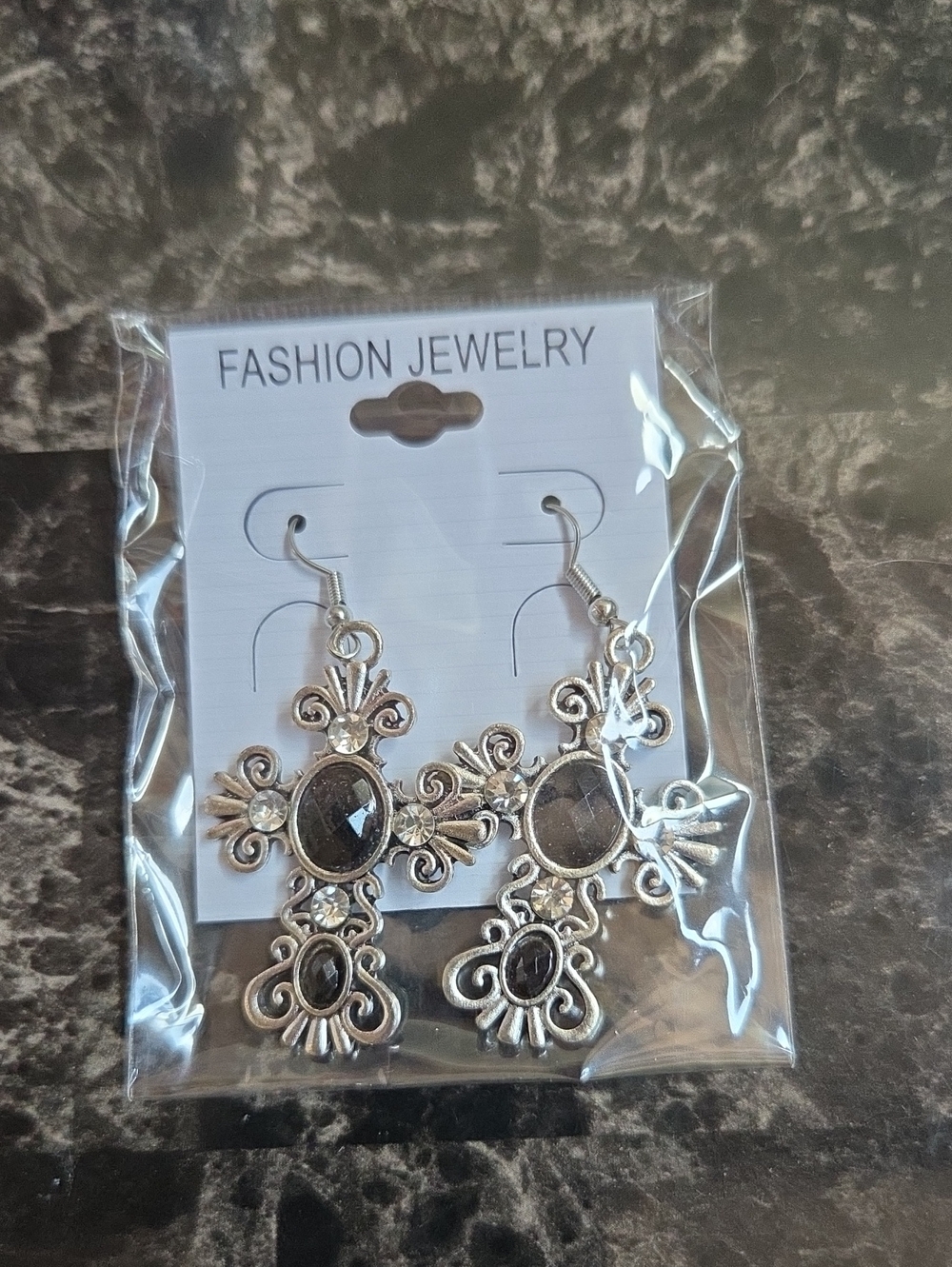 Fashion Jewelry Silver-Tone Ornate Drop Earrings with Black Stones